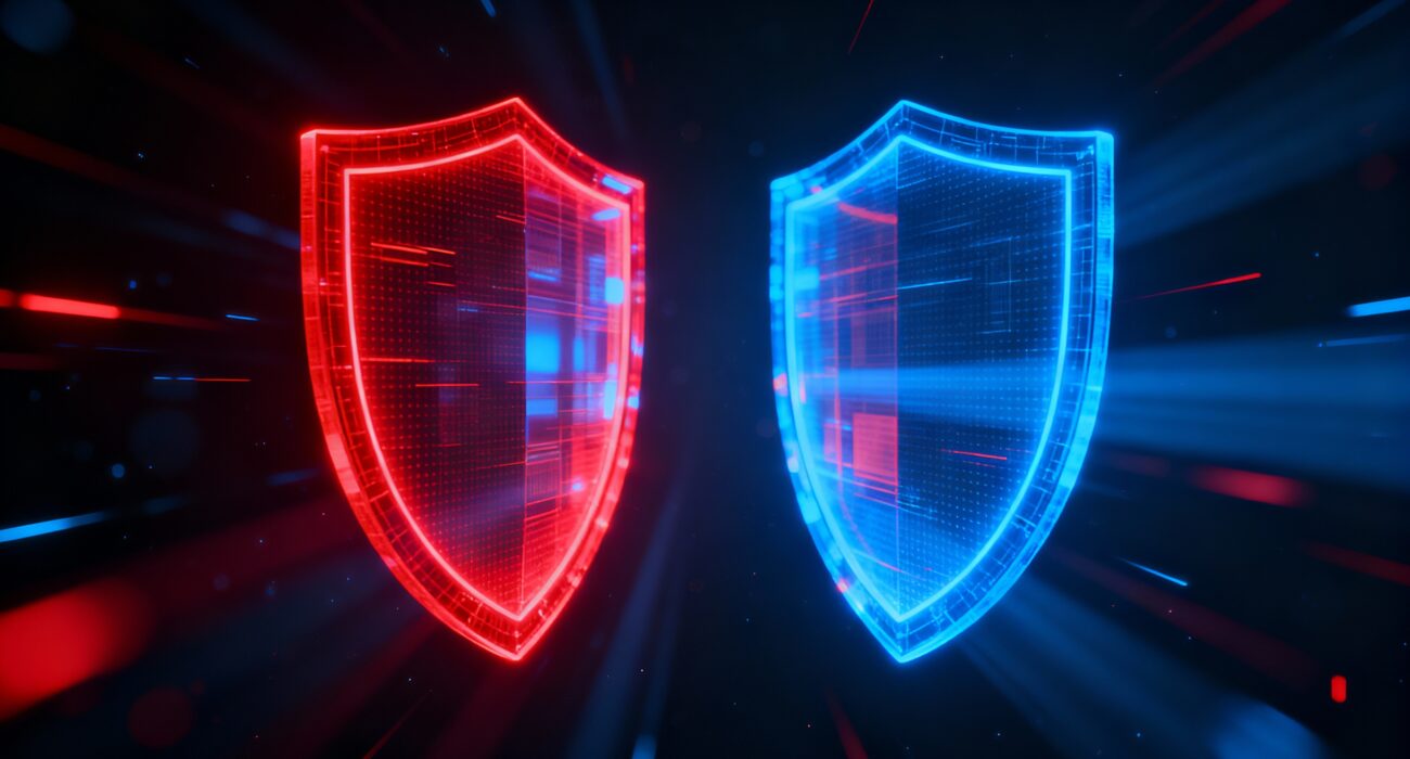 Red Team Vs Blue Team. Red Sheild and Blue Sheild.