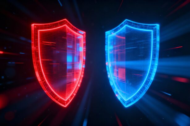 Red Team Vs Blue Team. Red Sheild and Blue Sheild.