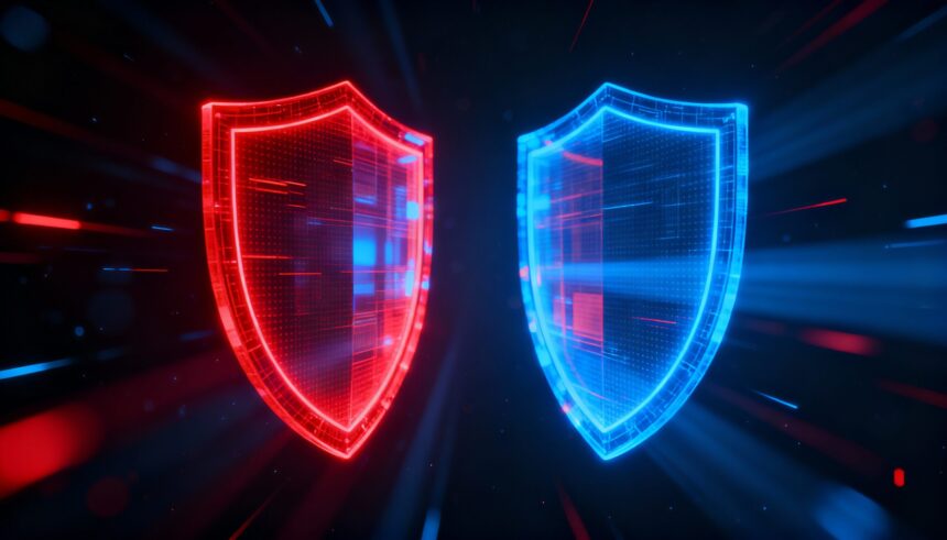 Red Team Vs Blue Team. Red Sheild and Blue Sheild.